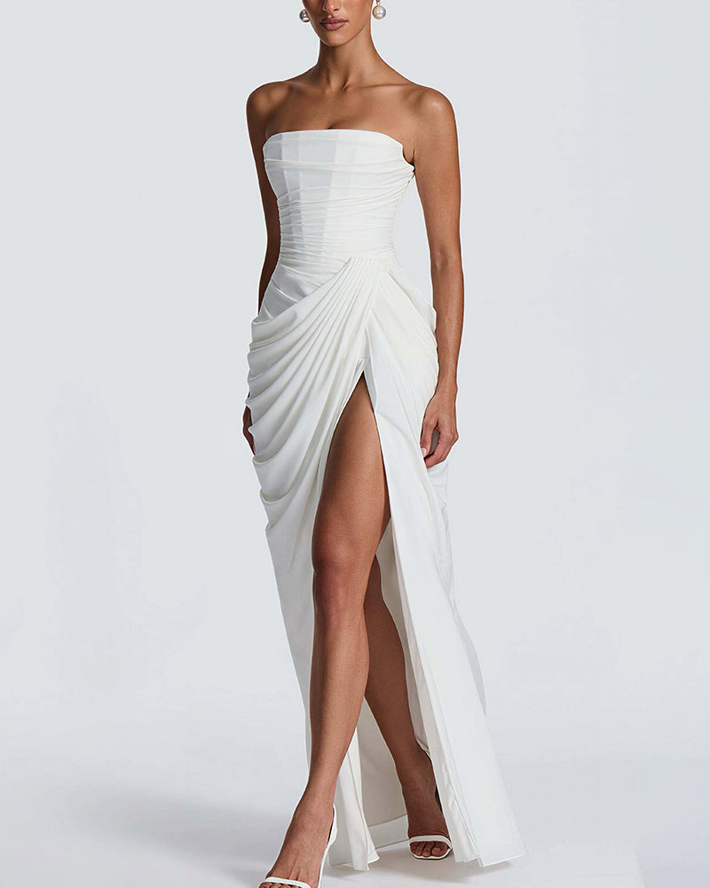 Vyla™ Strapless Ruched High Slit Corset Maxi Dress