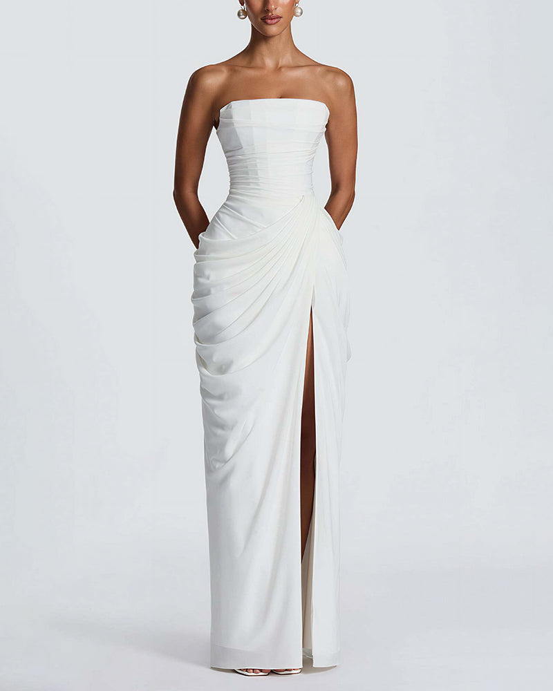 Vyla™ Strapless Ruched High Slit Corset Maxi Dress