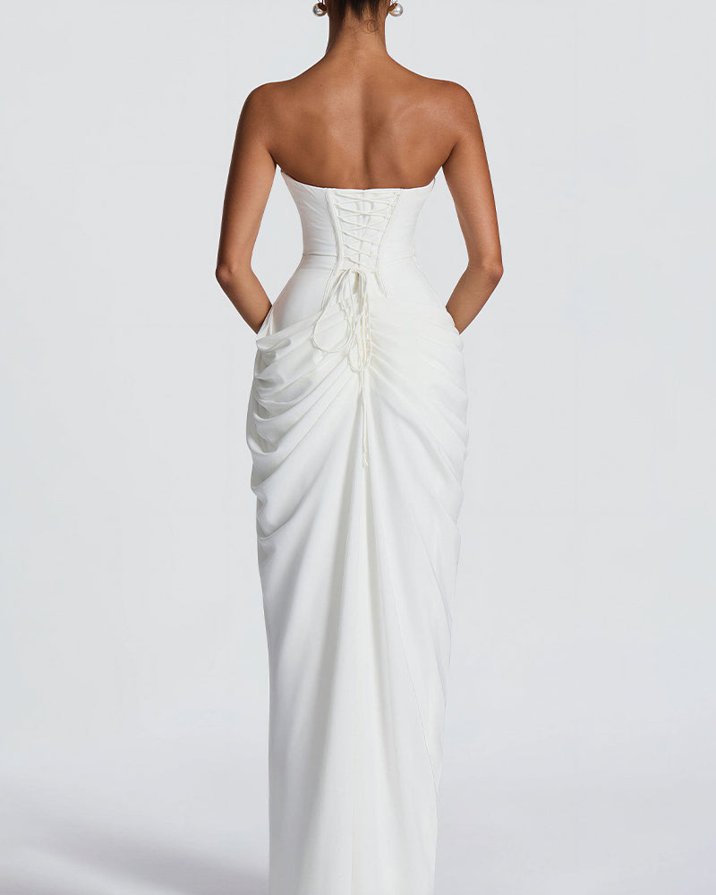 Vyla™ Strapless Ruched High Slit Corset Maxi Dress