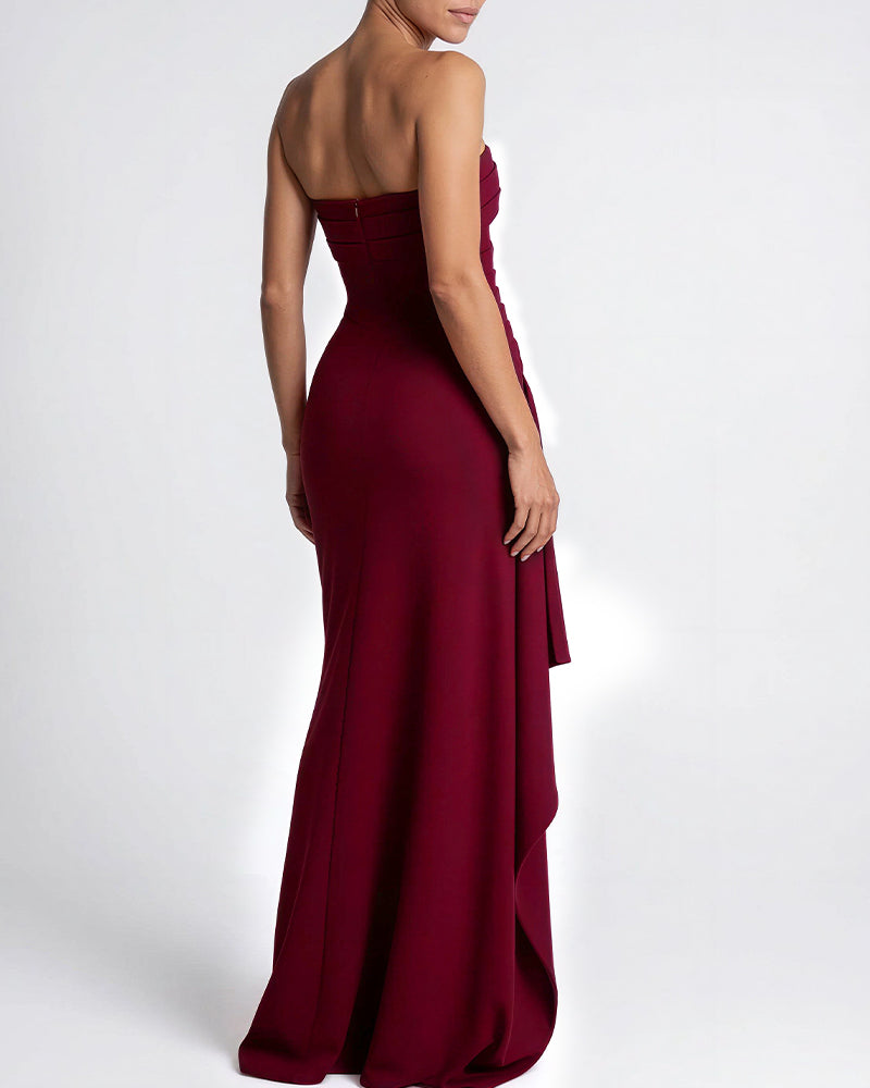 Vyla™ Elegant Strapless Ruched High Slit Maxi Evening Gown