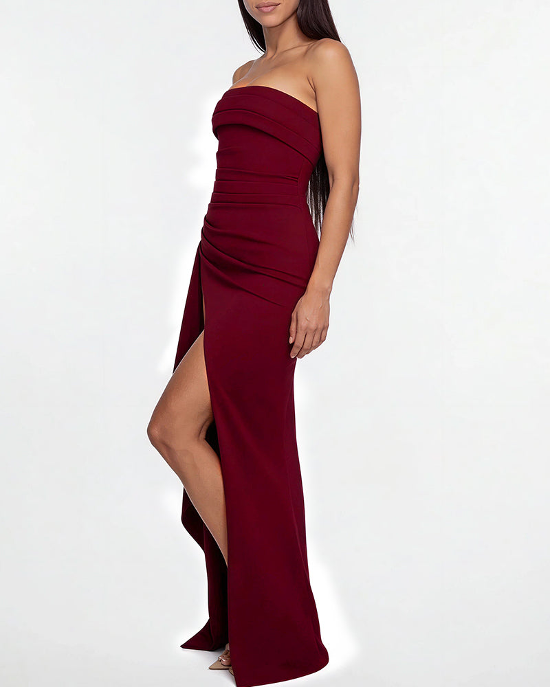 Vyla™ Elegant Strapless Ruched High Slit Maxi Evening Gown