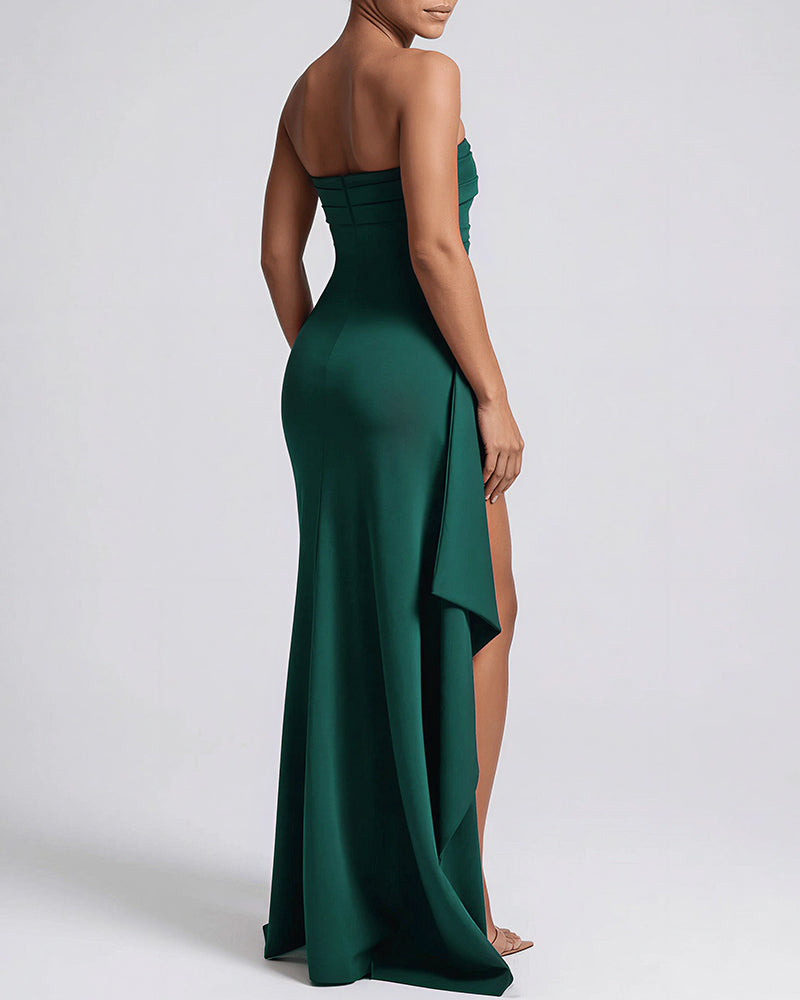 Vyla™ Elegant Strapless Ruched High Slit Maxi Evening Gown