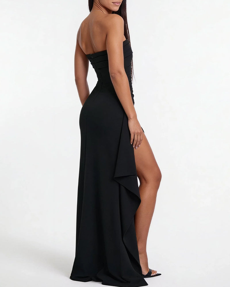Vyla™ Elegant Strapless Ruched High Slit Maxi Evening Gown