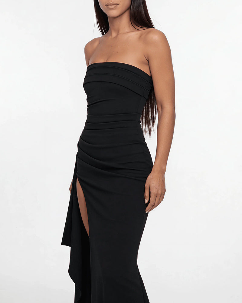 Vyla™ Elegant Strapless Ruched High Slit Maxi Evening Gown