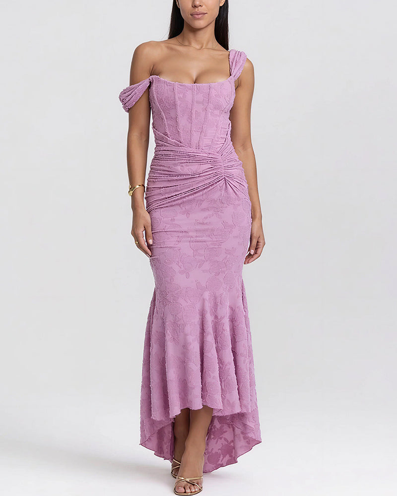 Vyla™ Elegant Floral Jacquard Ruched Mermaid Maxi Dress