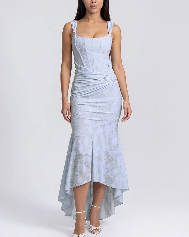 Vyla™ Elegant Floral Jacquard Ruched Mermaid Maxi Dress