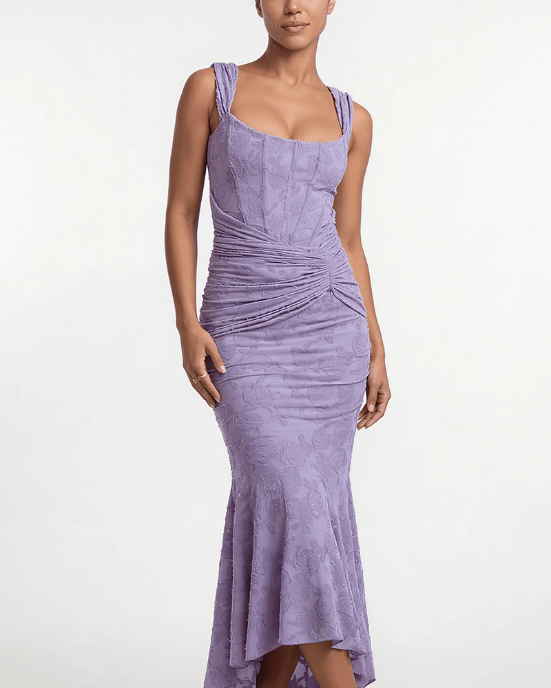 Vyla™ Elegant Floral Jacquard Ruched Mermaid Maxi Dress