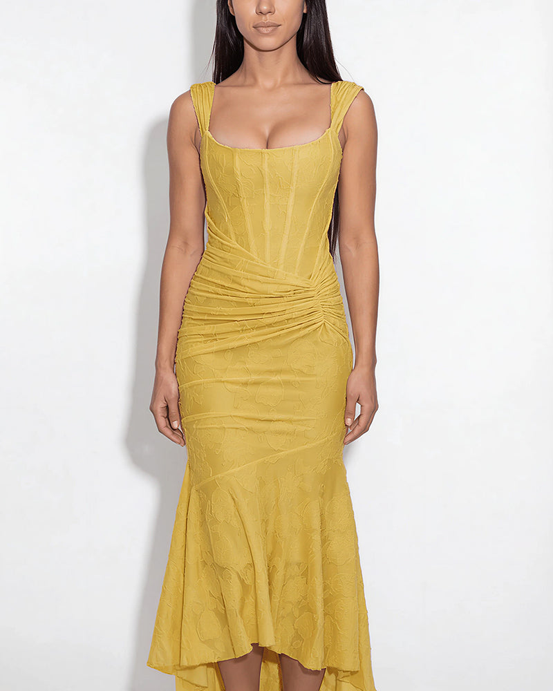 Vyla™ Elegant Floral Jacquard Ruched Mermaid Maxi Dress