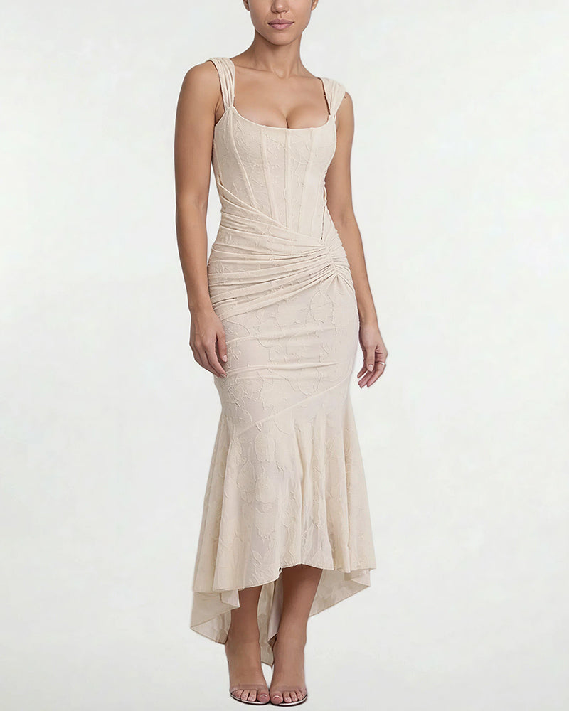 Vyla™ Elegant Floral Jacquard Ruched Mermaid Maxi Dress