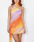Vyla™ Sunset Mirage Tie-Dye Halter Mini Dress with Flowing Sash