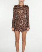 Vyla™ Wild Instinct Sheer Leopard Open Back Mini Dress