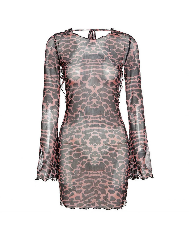 Vyla™ Wild Instinct Sheer Leopard Open Back Mini Dress
