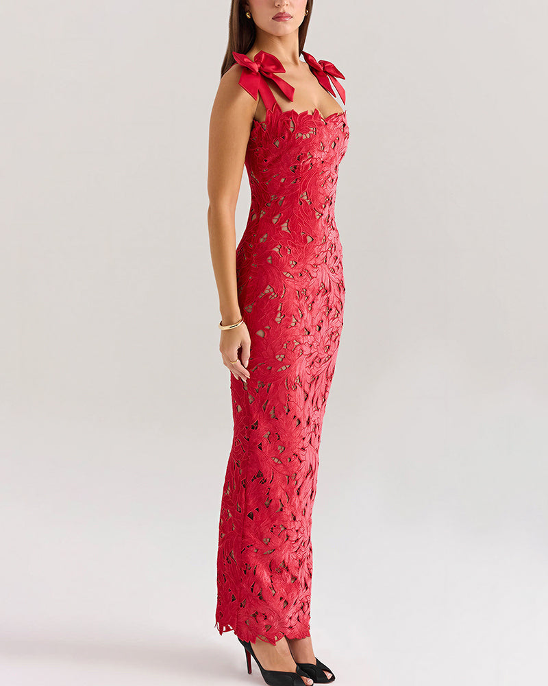 Vyla™ Enchanting Lace Bow-Strap Bodycon Maxi Dress