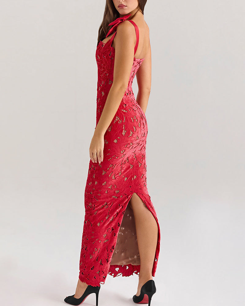 Vyla™ Enchanting Lace Bow-Strap Bodycon Maxi Dress