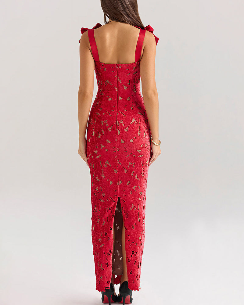 Vyla™ Enchanting Lace Bow-Strap Bodycon Maxi Dress