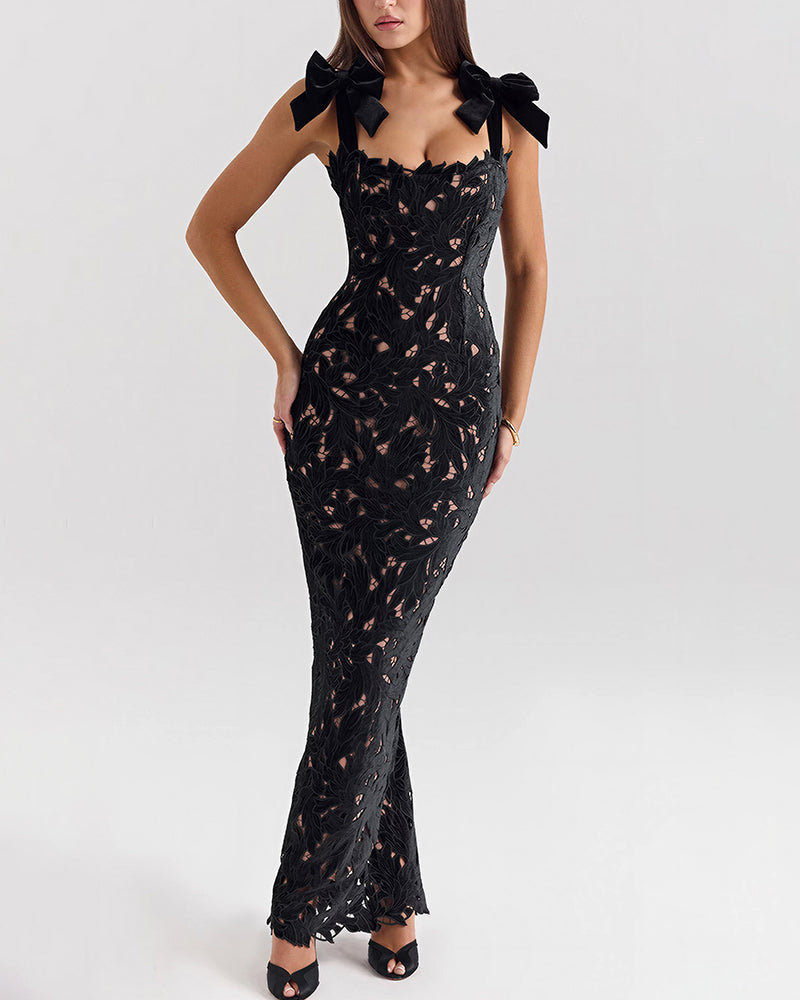 Vyla™ Enchanting Lace Bow-Strap Bodycon Maxi Dress
