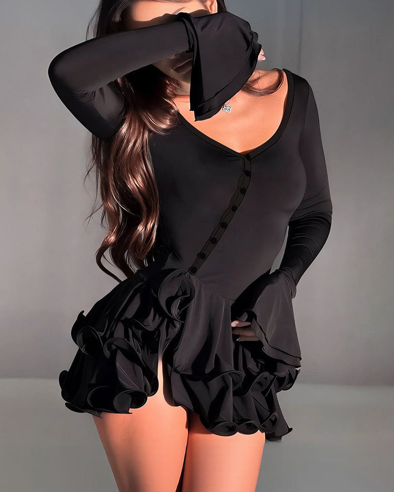 Vyla™ V-Neck Button-Down Ruffle Mini Dress With Flared Sleeves