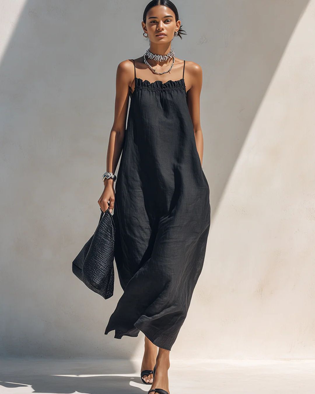 Vyla™ Minimalist Ruffle Neck Cami Maxi Dress