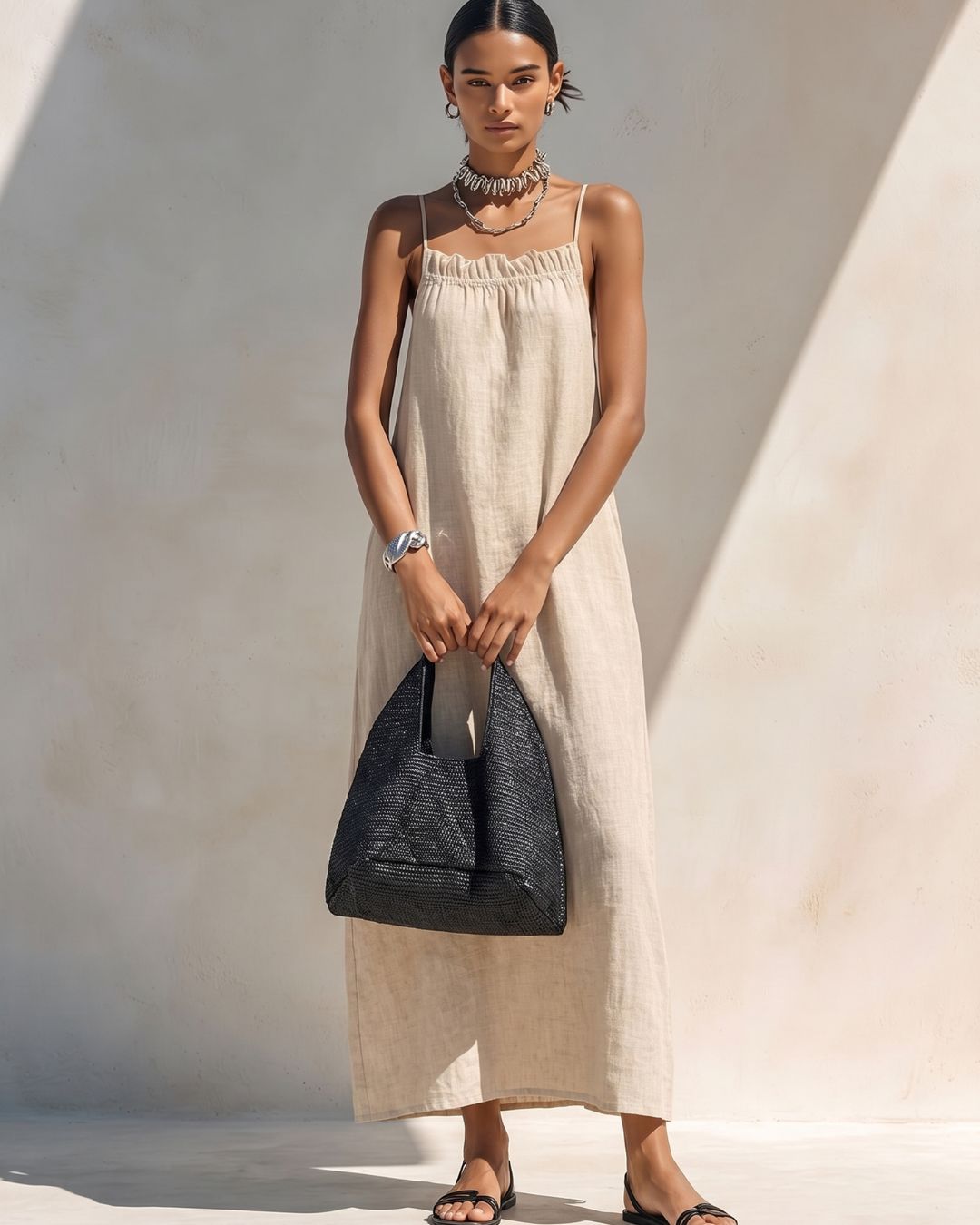 Vyla™ Minimalist Ruffle Neck Cami Maxi Dress