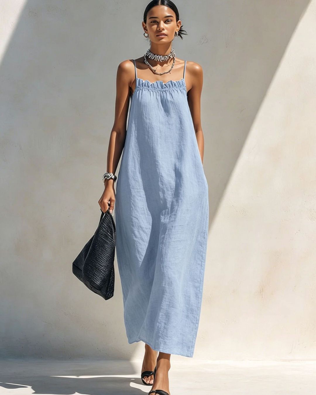 Vyla™ Minimalist Ruffle Neck Cami Maxi Dress