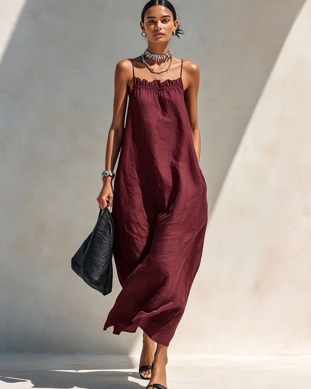 Vyla™ Minimalist Ruffle Neck Cami Maxi Dress