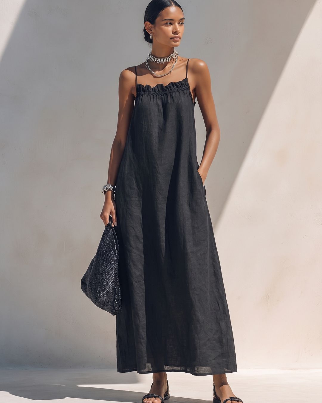 Vyla™ Minimalist Ruffle Neck Cami Maxi Dress