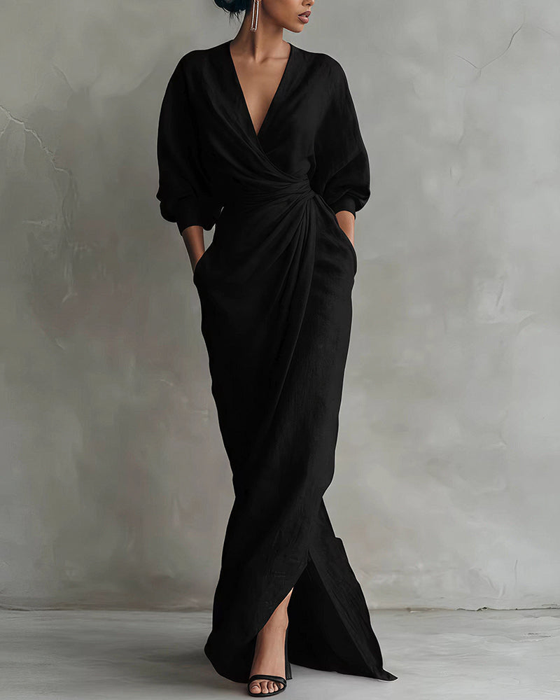 Aloveta™ Elegant Deep V-Neck Draped Wrap Maxi Dress