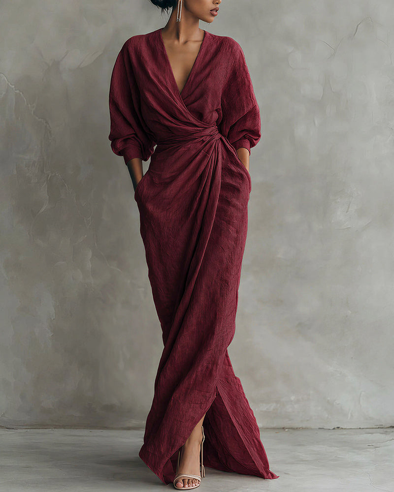 Aloveta™ Elegant Deep V-Neck Draped Wrap Maxi Dress