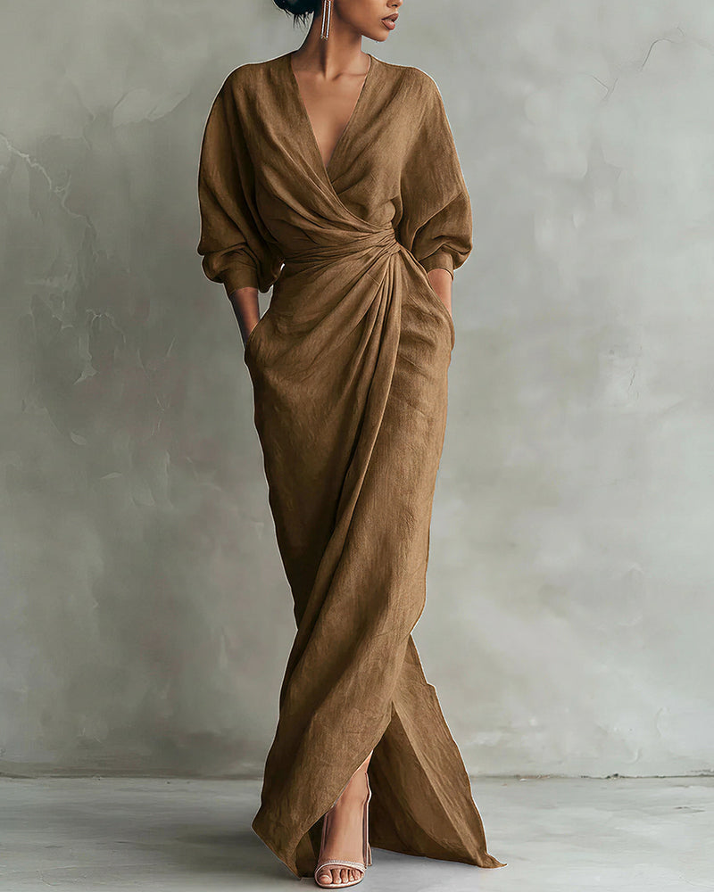 Aloveta™ Elegant Deep V-Neck Draped Wrap Maxi Dress
