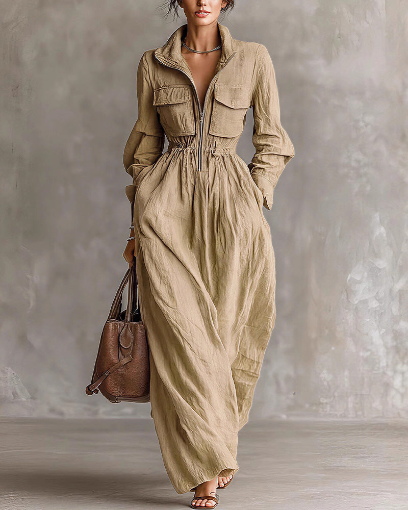 Vyla™ French Chic Zip-Up Lapel Maxi Dress
