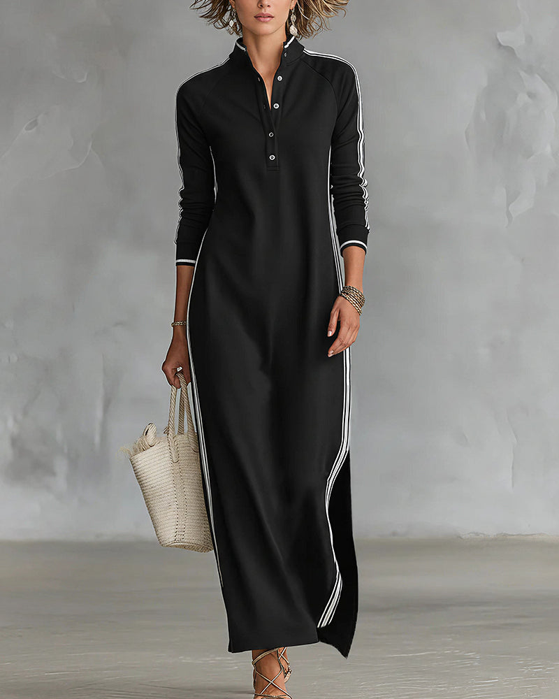 Vyla™ Sporty Chic Button Collar Maxi Dress with Side Stripes