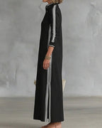 Vyla™ Sporty Chic Button Collar Maxi Dress with Side Stripes