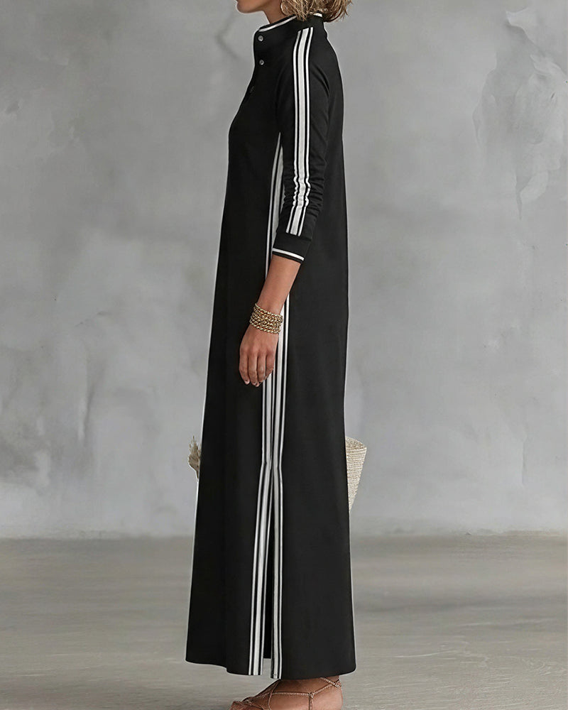 Vyla™ Sporty Chic Button Collar Maxi Dress with Side Stripes