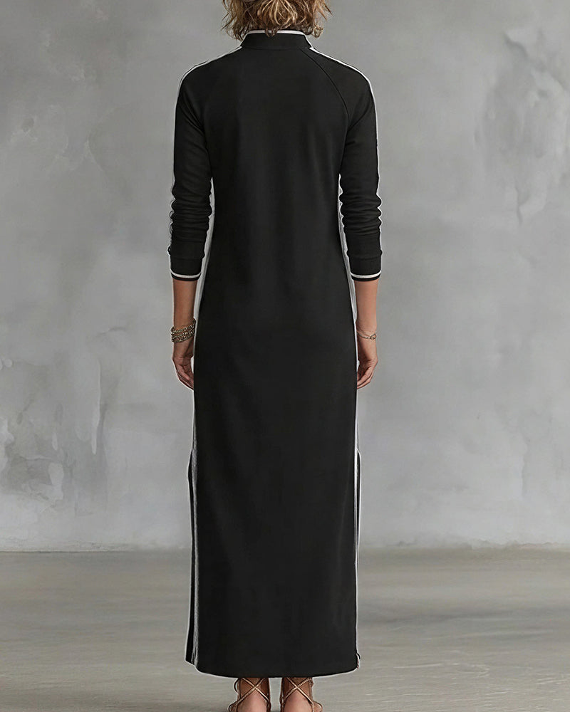 Vyla™ Sporty Chic Button Collar Maxi Dress with Side Stripes
