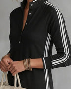 Vyla™ Sporty Chic Button Collar Maxi Dress with Side Stripes