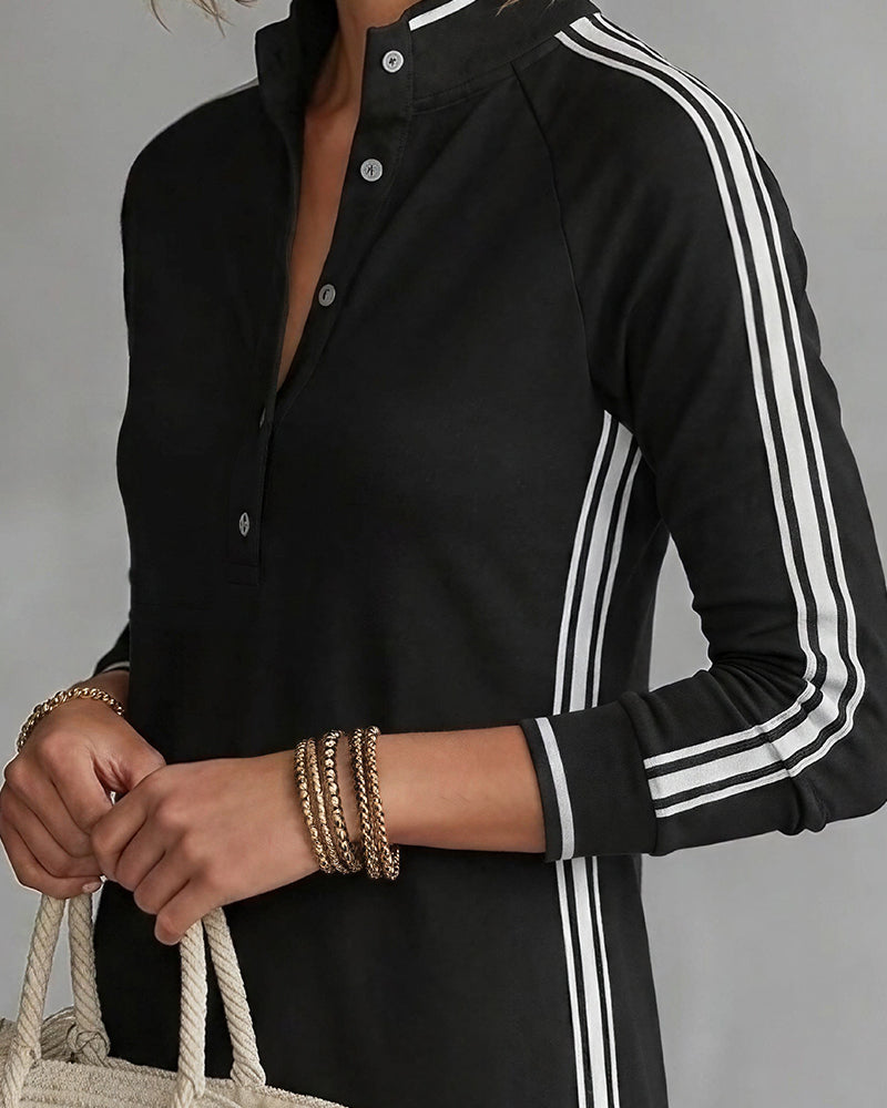 Vyla™ Sporty Chic Button Collar Maxi Dress with Side Stripes