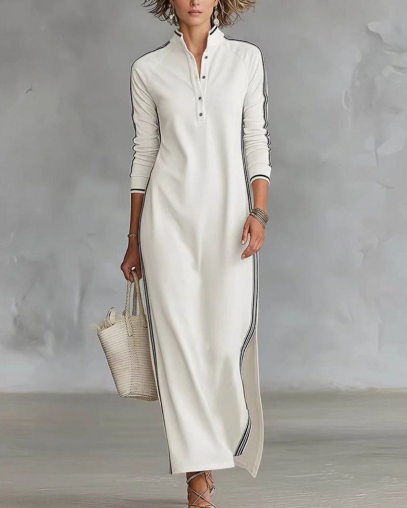 Vyla™ Sporty Chic Button Collar Maxi Dress with Side Stripes