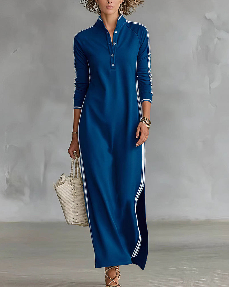 Vyla™ Sporty Chic Button Collar Maxi Dress with Side Stripes
