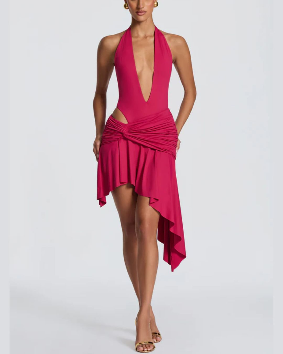 Vyla™ V Halter Twist Asymmetric Mini Dress