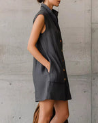 Vyla™ Sleeveless Stand Collar Button-Down Shirt Dress With Pockets