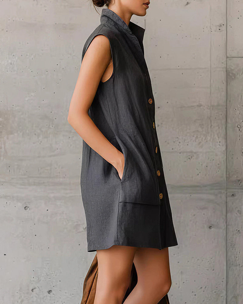 Vyla™ Sleeveless Stand Collar Button-Down Shirt Dress With Pockets