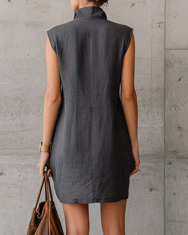 Vyla™ Sleeveless Stand Collar Button-Down Shirt Dress With Pockets