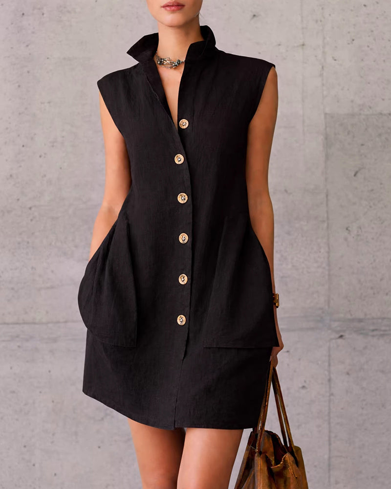 Vyla™ Sleeveless Stand Collar Button-Down Shirt Dress With Pockets