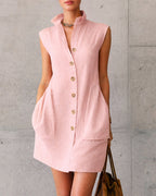 Vyla™ Sleeveless Stand Collar Button-Down Shirt Dress With Pockets