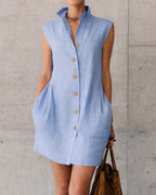 Vyla™ Sleeveless Stand Collar Button-Down Shirt Dress With Pockets