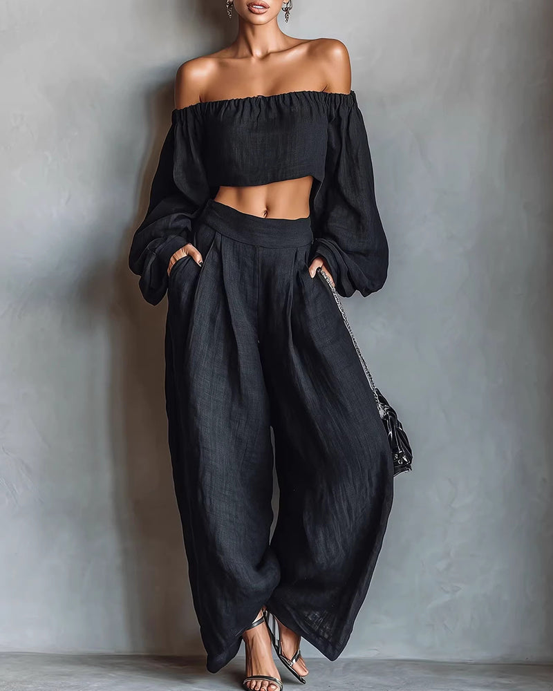 Vyla™ Off-Shoulder Crop Top and Wide Leg Pants Two-Piece Set