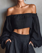 Vyla™ Off-Shoulder Crop Top and Wide Leg Pants Two-Piece Set
