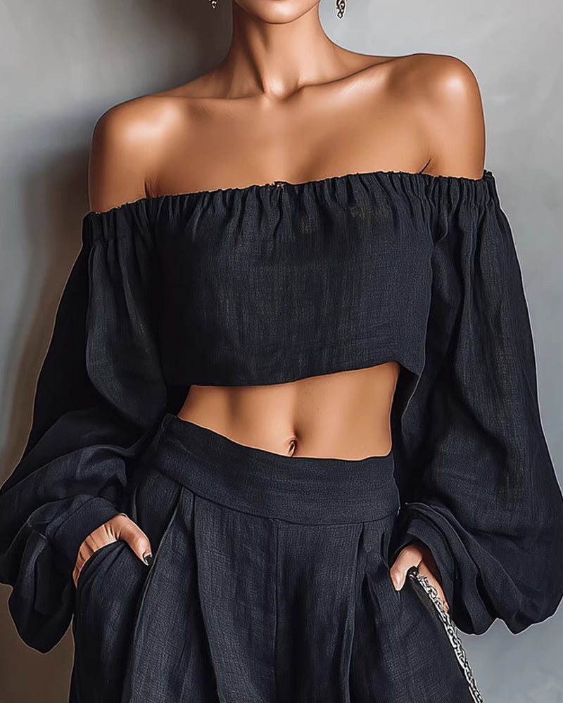 Vyla™ Off-Shoulder Crop Top and Wide Leg Pants Two-Piece Set