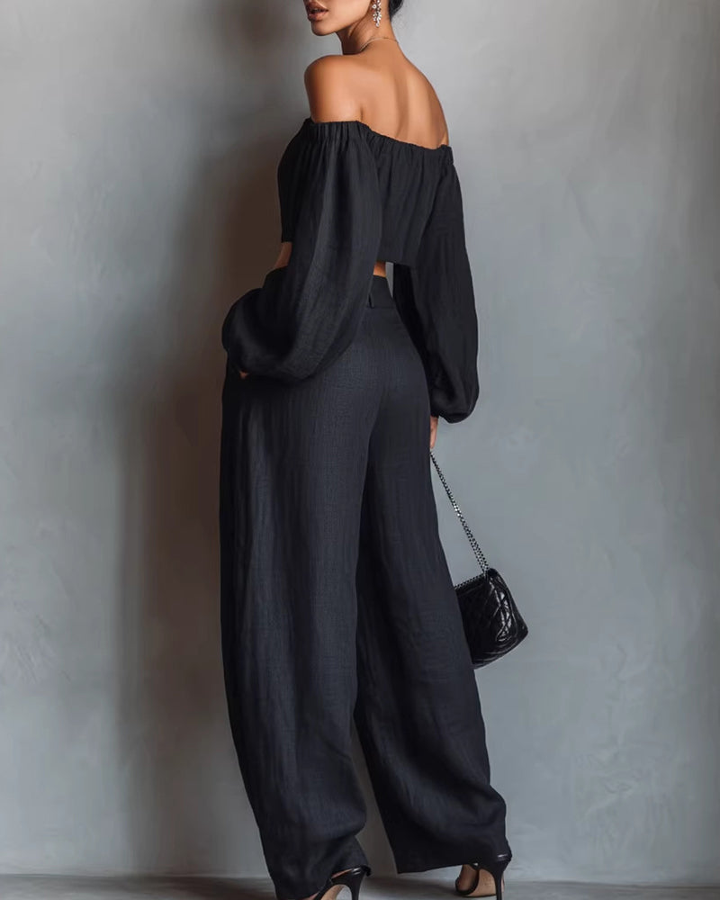 Vyla™ Off-Shoulder Crop Top and Wide Leg Pants Two-Piece Set