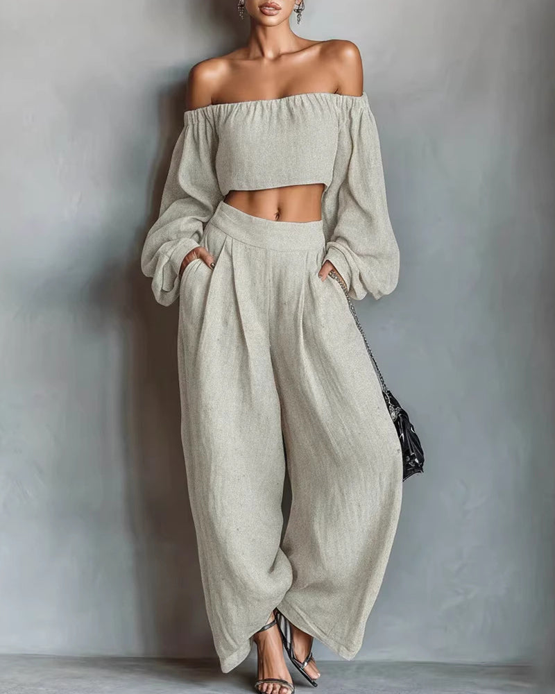 Vyla™ Off-Shoulder Crop Top and Wide Leg Pants Two-Piece Set